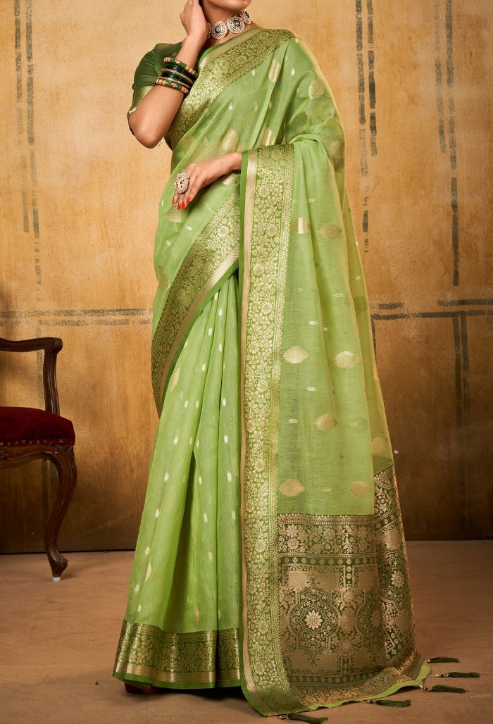 Pistachio Flame Silk Tissue Saree