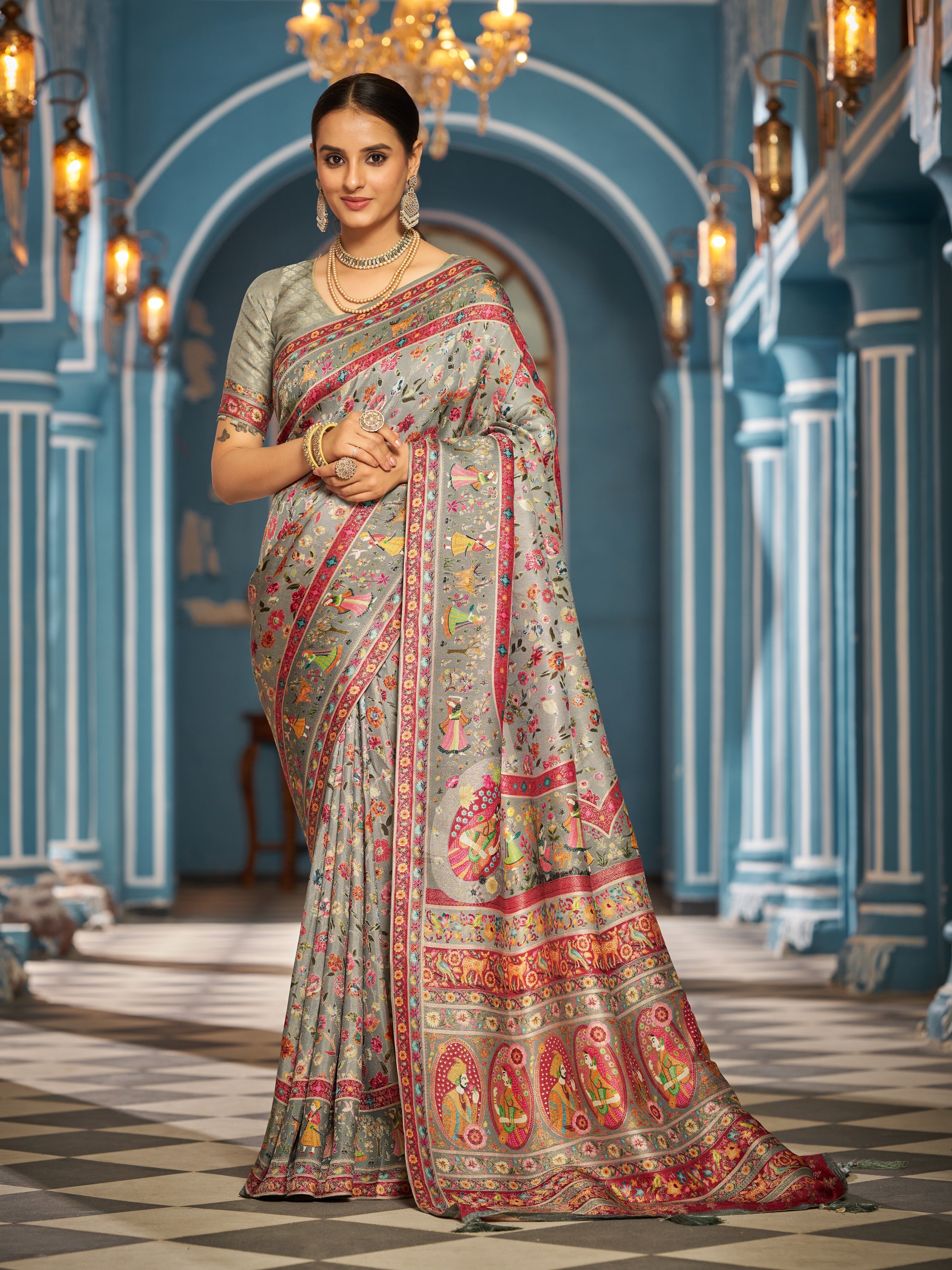 Sleek Light Grey Soft Silk Saree