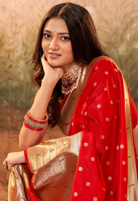 Cherry red Pure Paithani Silk saree