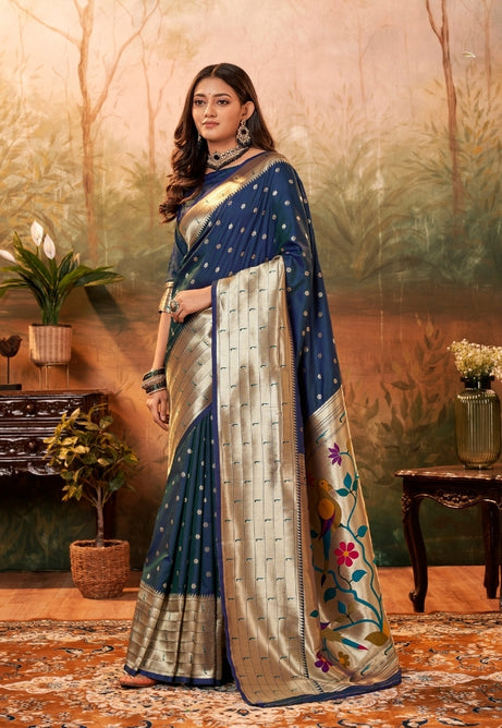 Midnight Blue Pure Paithani Silk saree