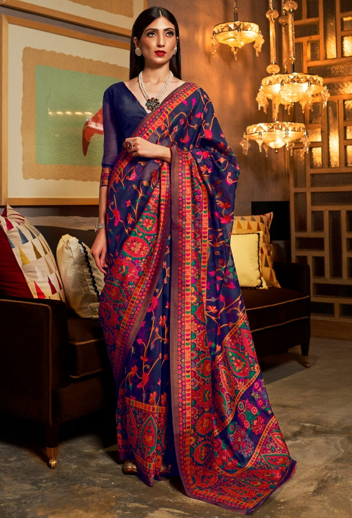 Royal Blue Kashmiri Modal Handloom Silk Sarees