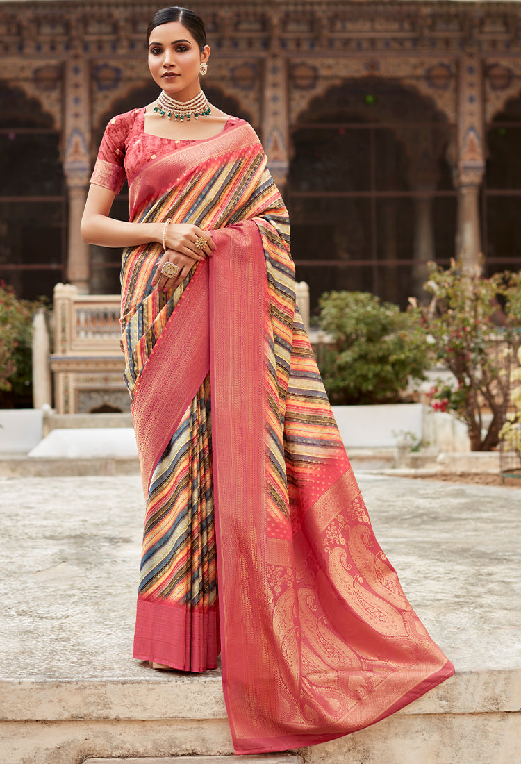 Pale red soft Tissue Saree with Print