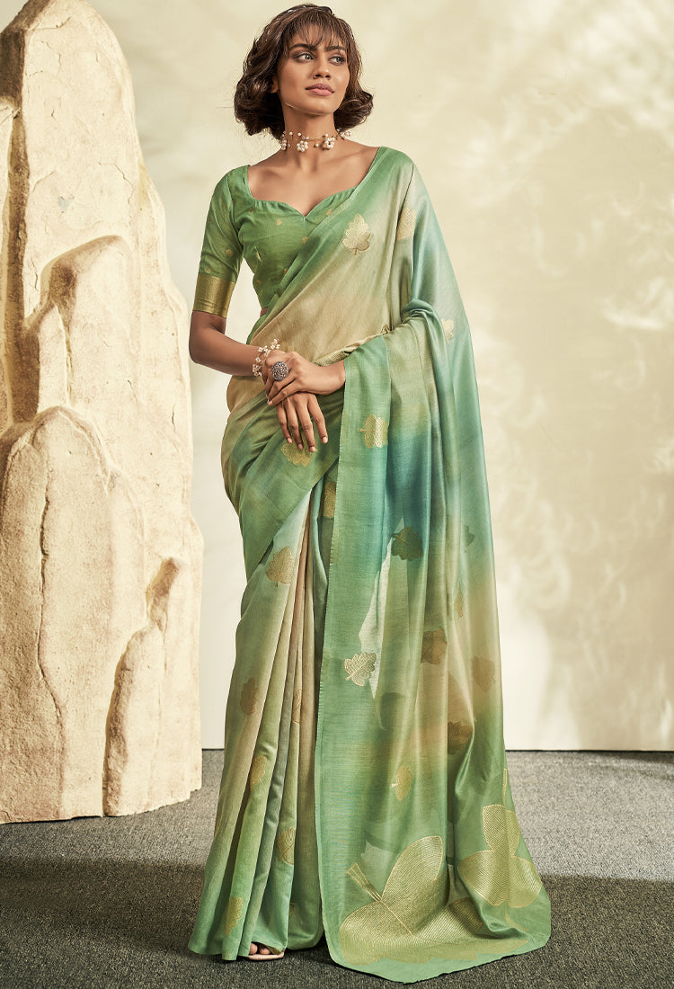 Iguana Green Pure Khadi Silk Saree with Print