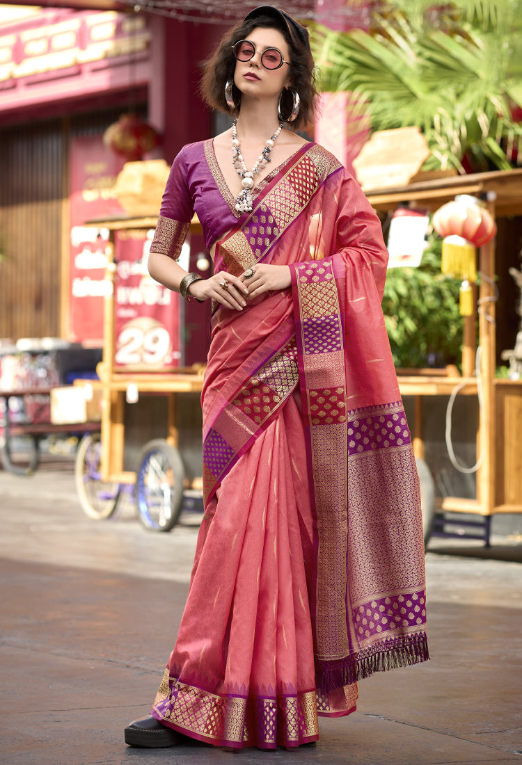 Coral Pink Pure Banarasi Saree