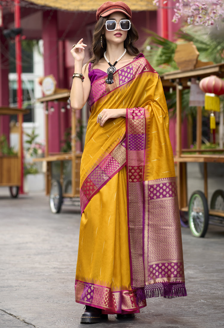 Pearlesecnt Yellow  Banarasi Silk Saree