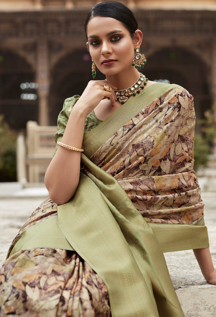 Green smoke soft Tissue Saree with Print