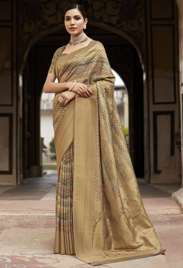 Dark chestnut soft Tissue Saree with Print