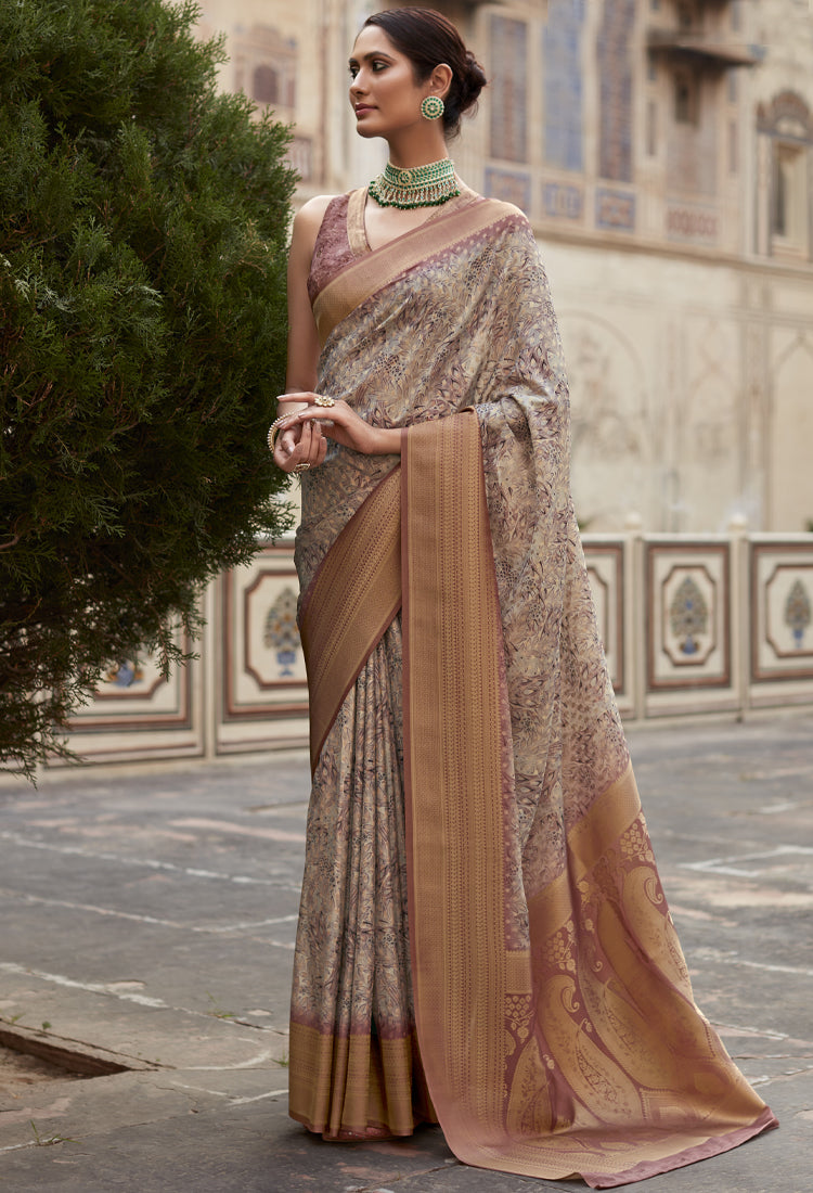 Copper rust soft Tissue Saree with Print