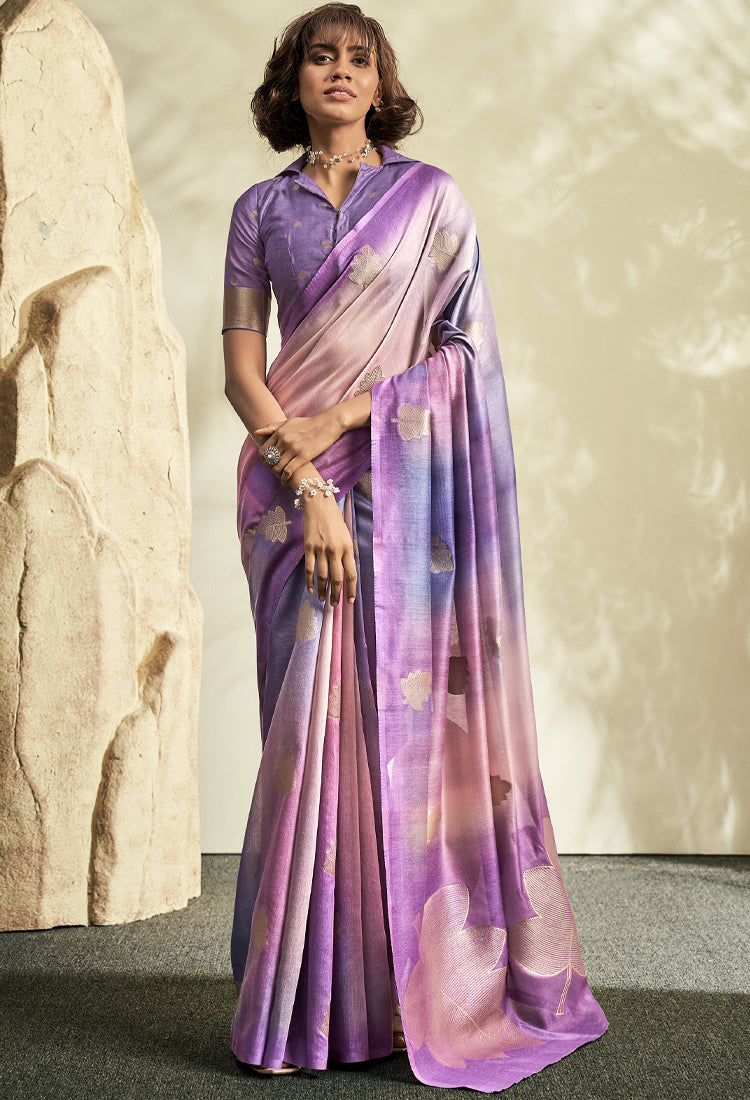 Plum Purple Pure Khadi Silk Saree with Print