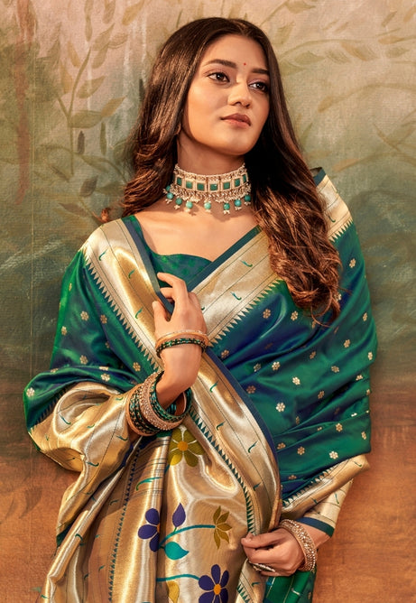 Mallard Blue Pure Paithani Silk saree