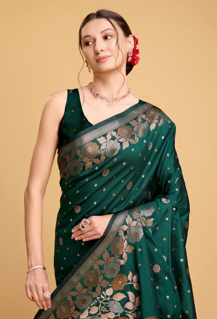 Forest Green Pure Jacquard Saree