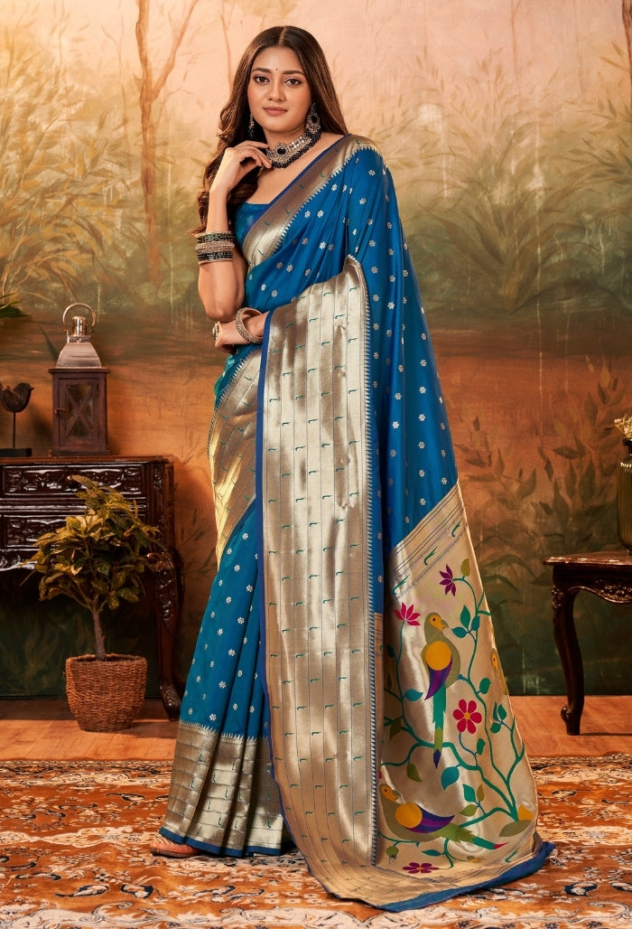 Azure blue Pure Paithani Silk saree
