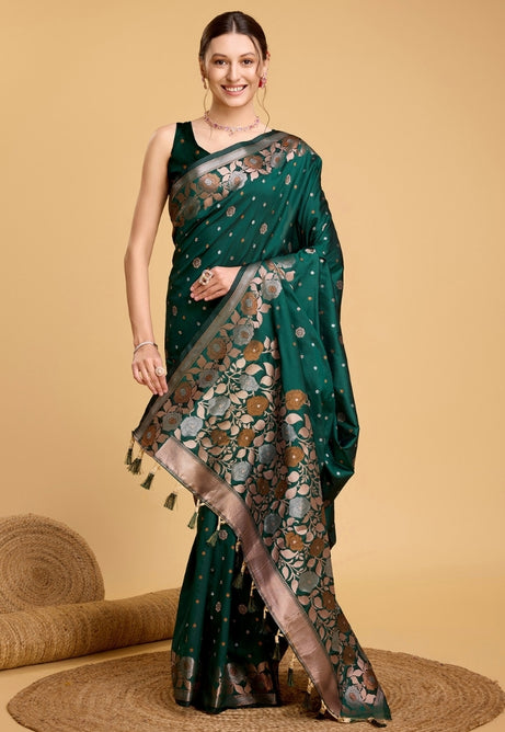Forest Green Pure Jacquard Saree