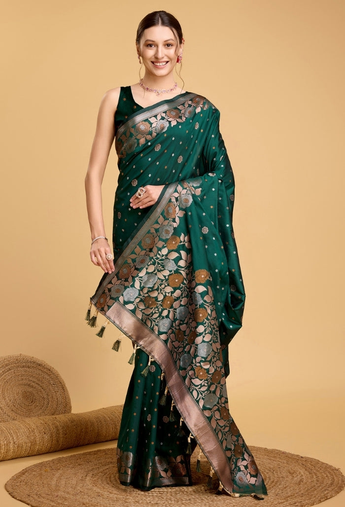 Forest Green Pure Jacquard Saree