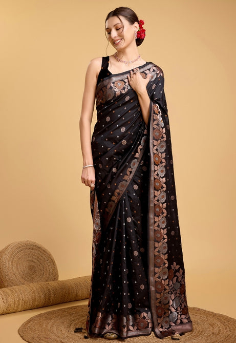 Ebony Black Pure Jacquard Saree