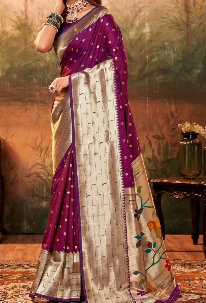 Plum purple Pure Paithani Silk saree