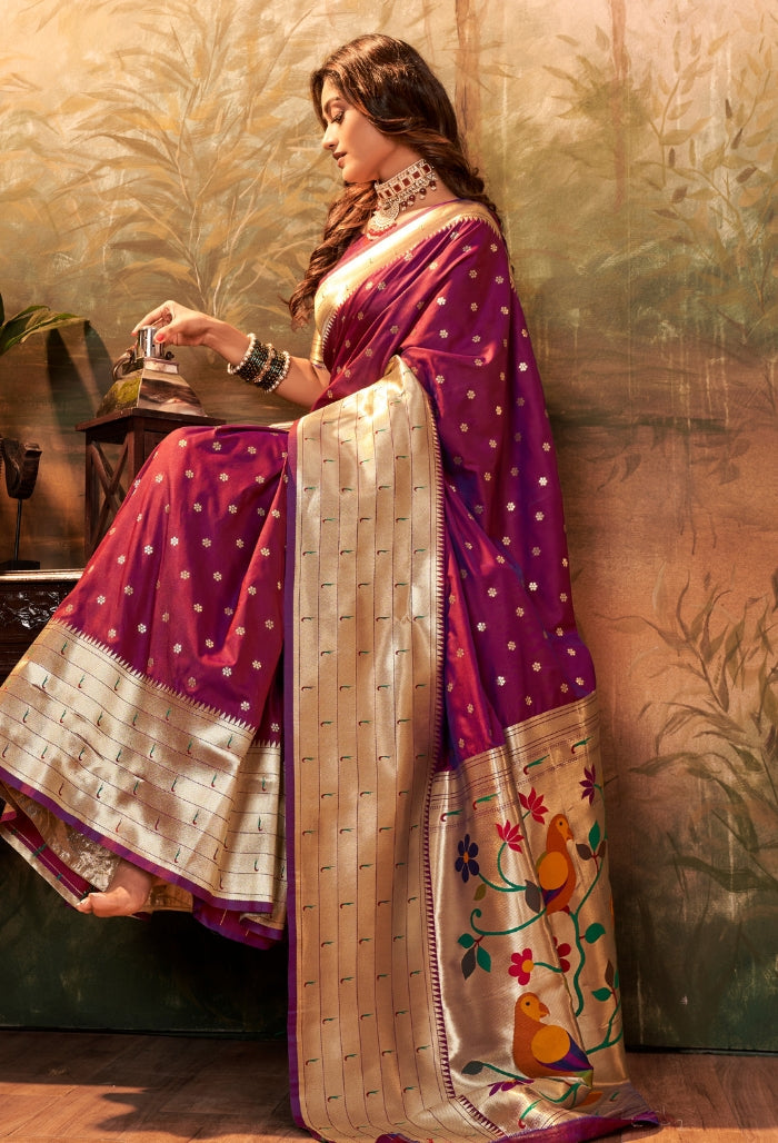 Plum purple Pure Paithani Silk saree