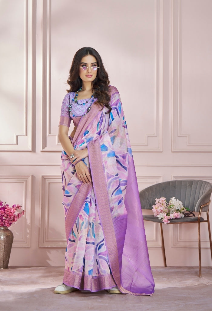 Lavendar Modal Silk With Beautiful Colorfull Prints