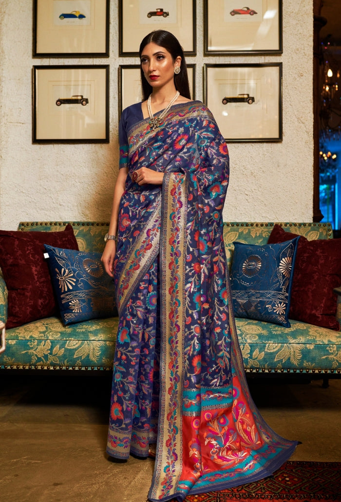 Cobalt Blue Kashmiri Modal Handloom Silk Sarees