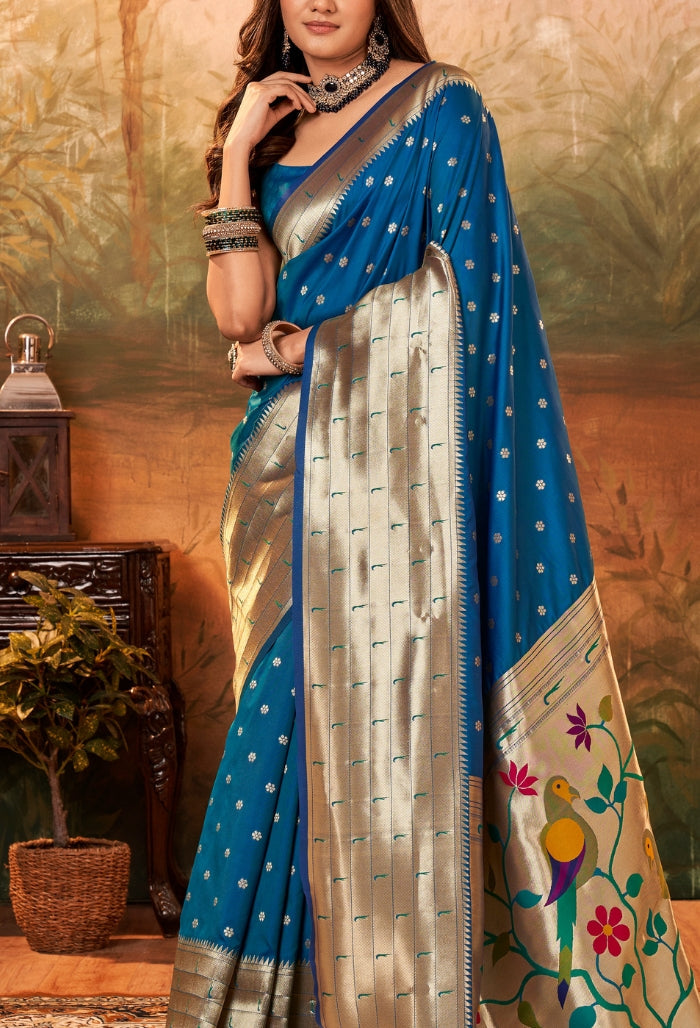 Azure blue Pure Paithani Silk saree