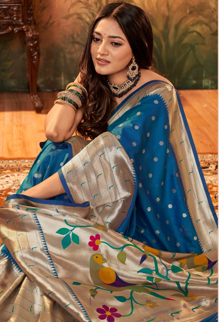 Azure blue Pure Paithani Silk saree