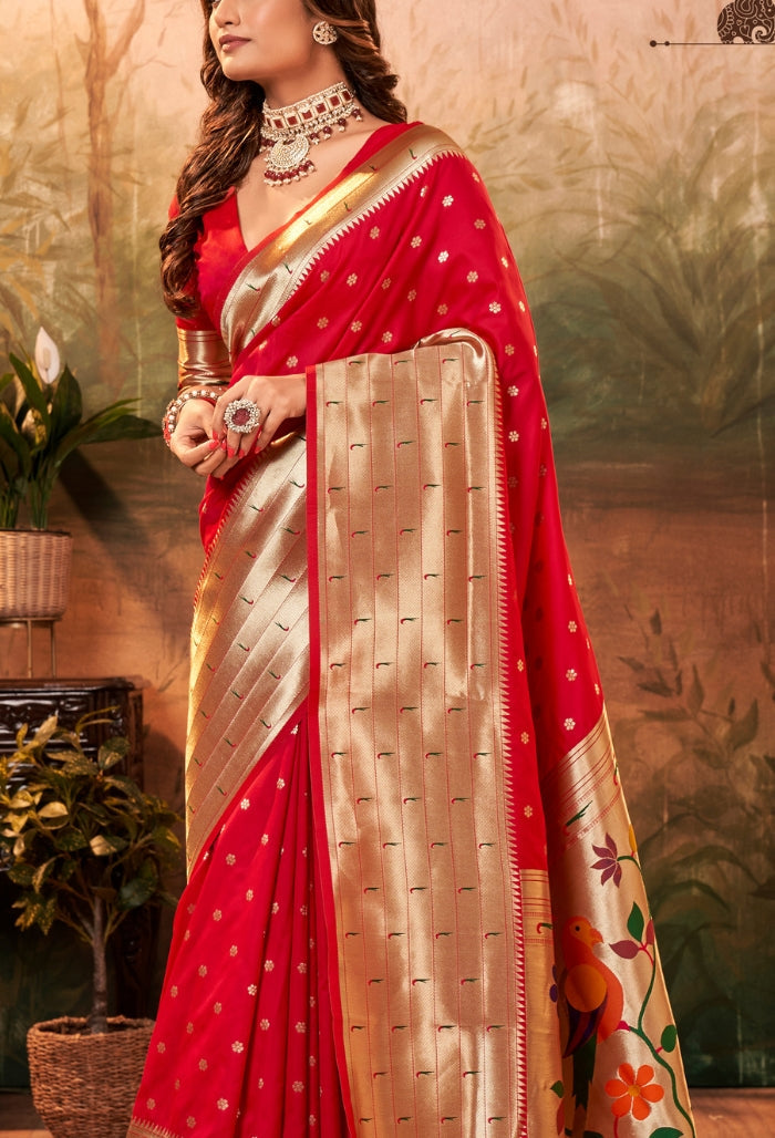 Cherry red Pure Paithani Silk saree