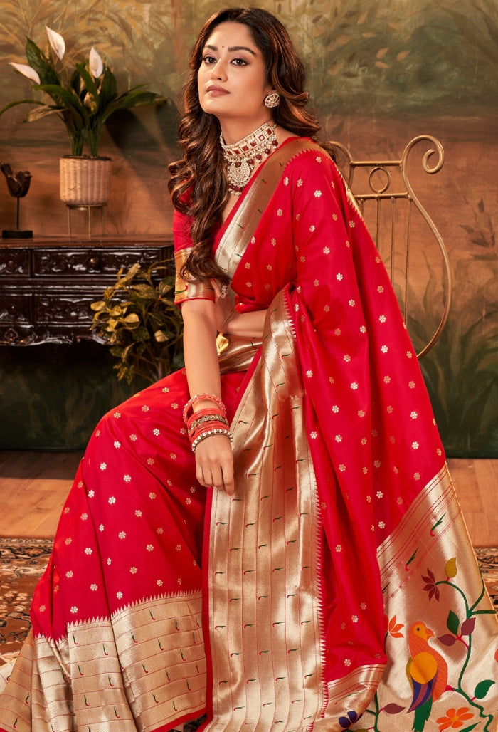 Cherry red Pure Paithani Silk saree