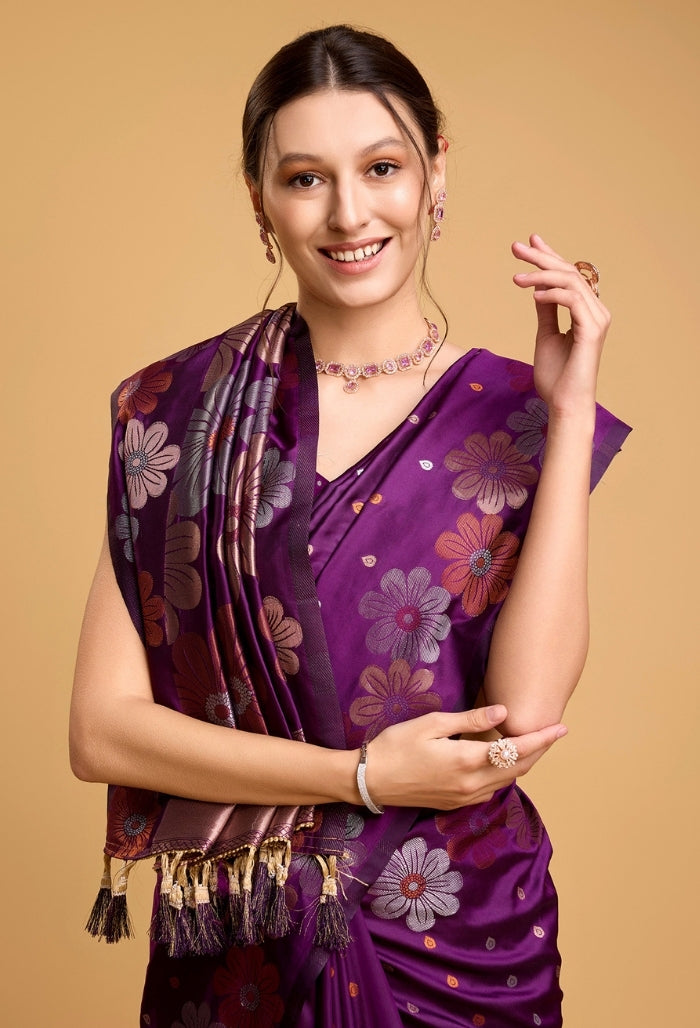 Deep Plum Purple Pure Jacquard Saree