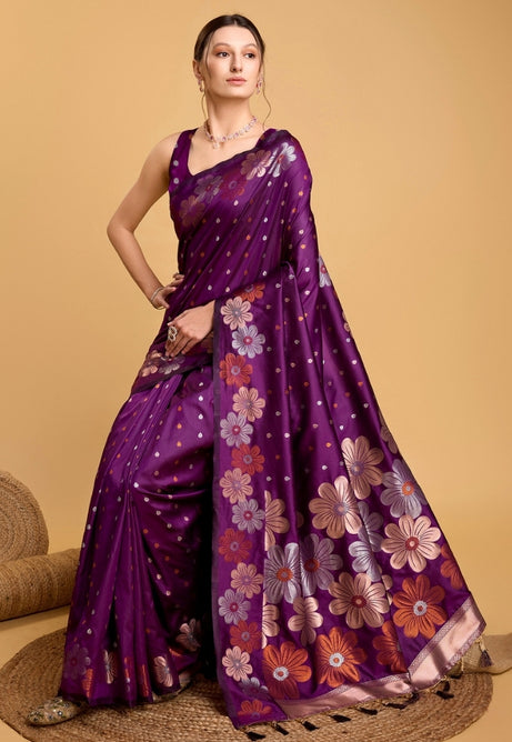 Deep Plum Purple Pure Jacquard Saree