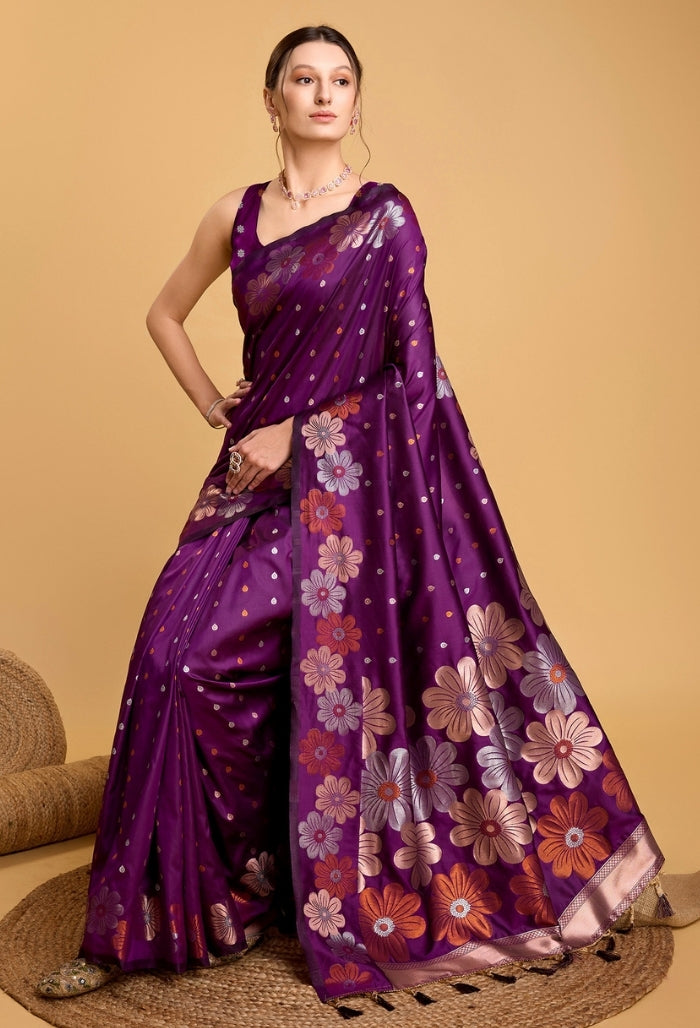 Deep Plum Purple Pure Jacquard Saree