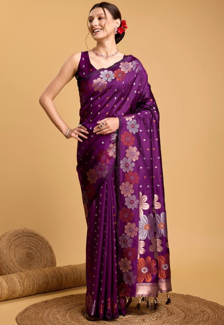 Deep Plum Purple Pure Jacquard Saree