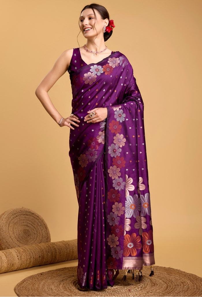 Deep Plum Purple Pure Jacquard Saree