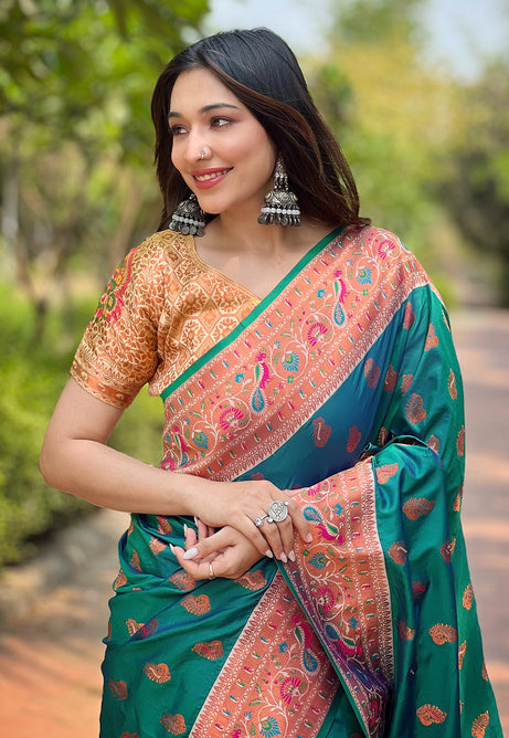 Peacock Teal paithani silk saree