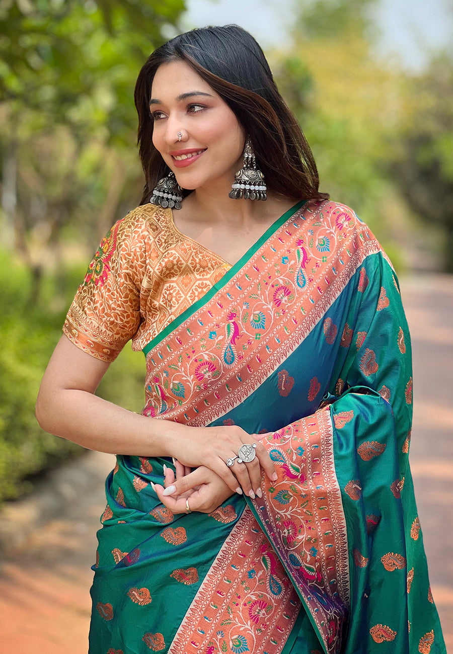 Peacock Teal paithani silk saree