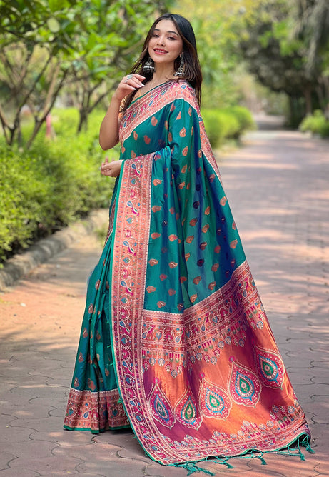 Peacock Teal paithani silk saree
