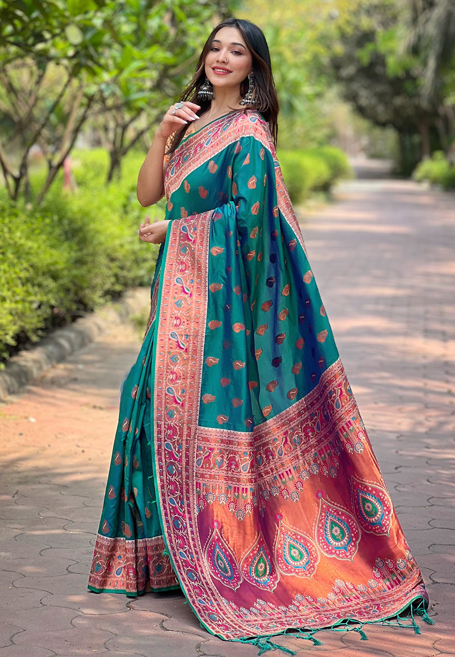 Peacock Teal paithani silk saree