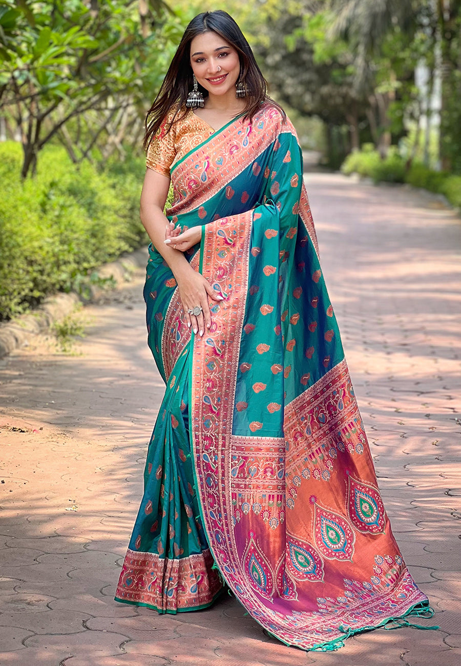 Peacock Teal paithani silk saree