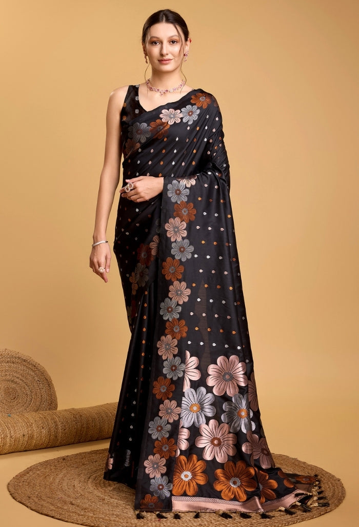 Ebony Black Pure Jacquard Saree