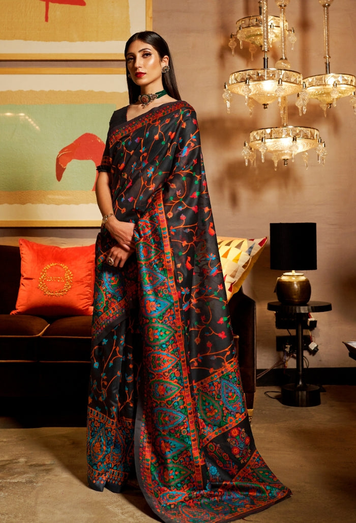 Midnight Black Kashmiri Modal Handloom Silk Sarees