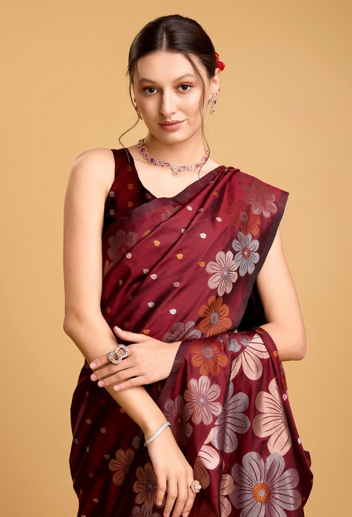 Burgundy Maroon Pure Jacquard Saree