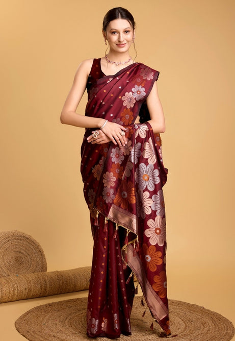 Burgundy Maroon Pure Jacquard Saree