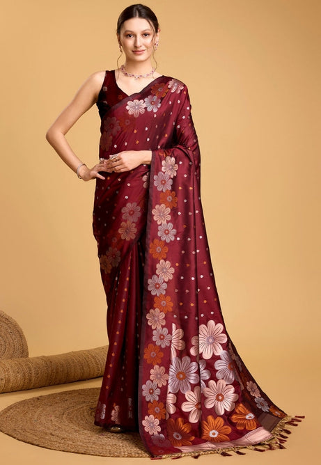 Burgundy Maroon Pure Jacquard Saree