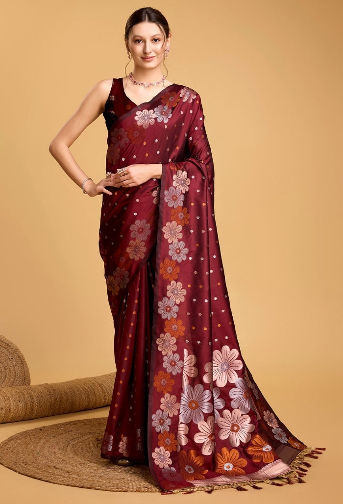 Burgundy Maroon Pure Jacquard Saree