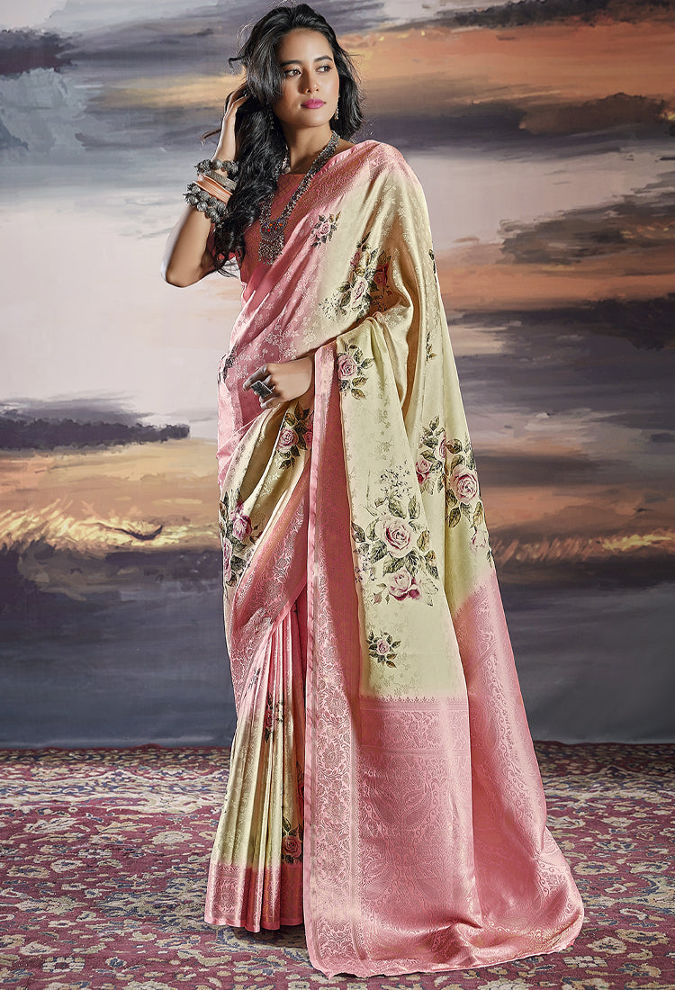 Dessert Sand and Blush Pink  Pure Satin with Handwoven Dual Shade & Floral Digital Print