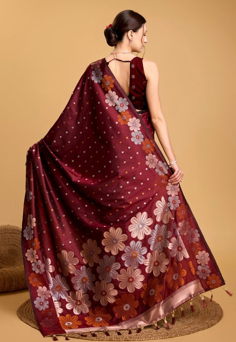 Burgundy Maroon Pure Jacquard Saree