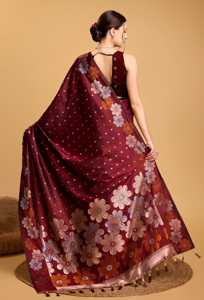 Burgundy Maroon Pure Jacquard Saree