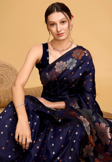 Navy Blue Pure Jacquard Saree