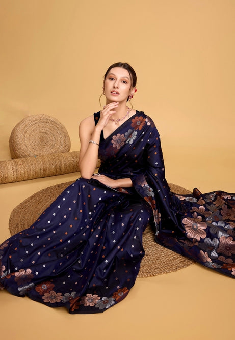 Navy Blue Pure Jacquard Saree
