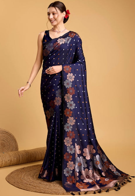 Navy Blue Pure Jacquard Saree