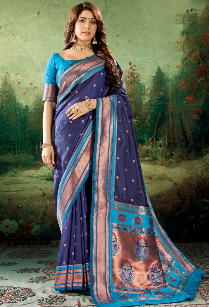 Ocean dark blue Soft Peshwai Paithani Silk Saree